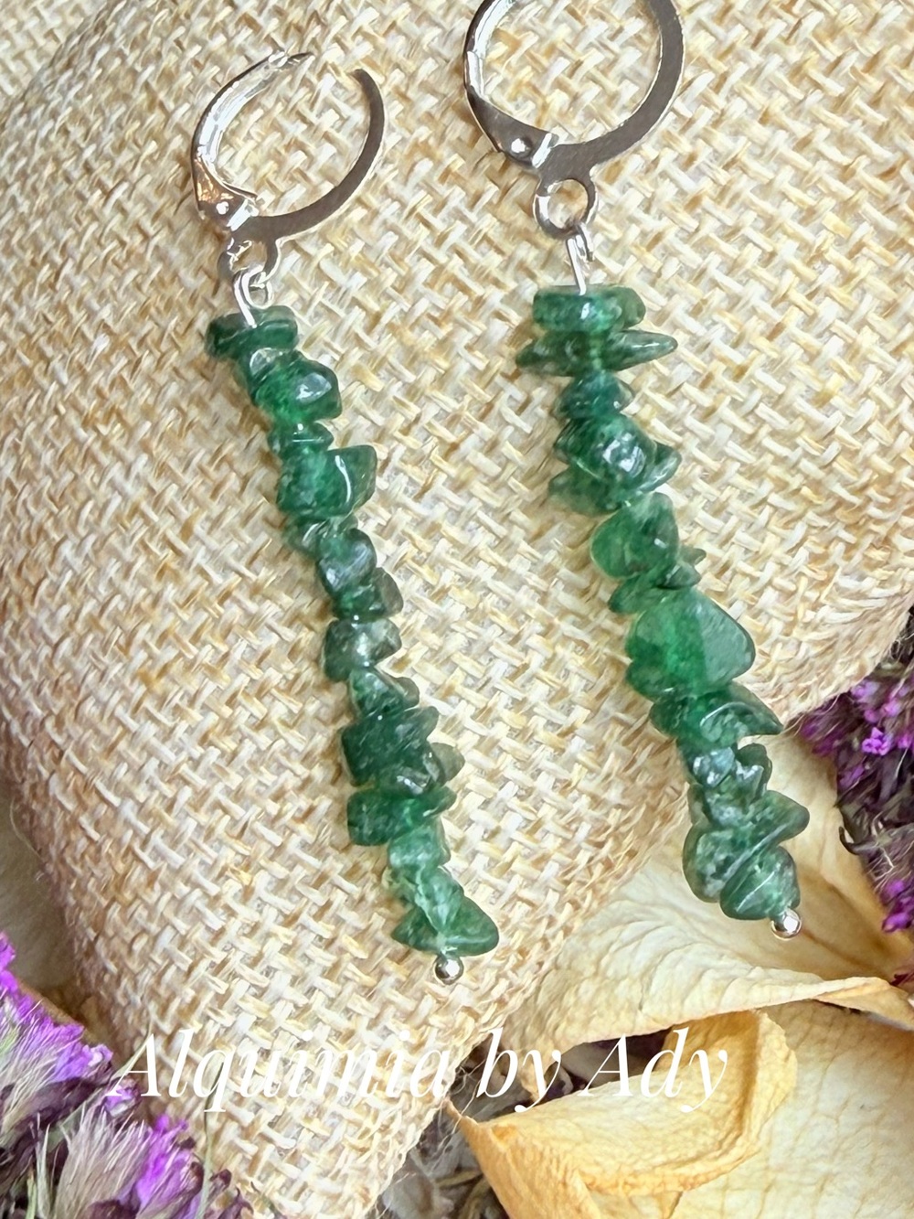 Untreated emerald silver long dangle drop gemstone earrings